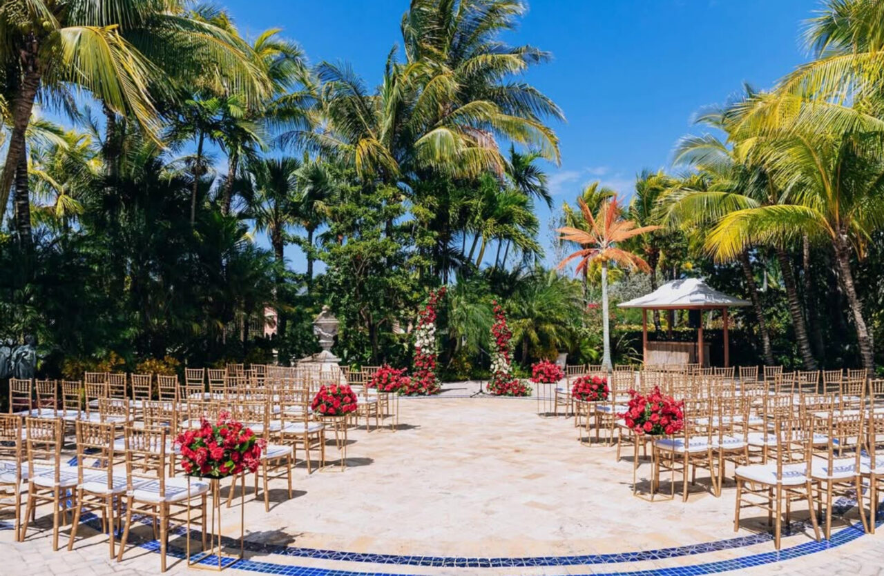 The Palm Terrace at Sapodilla, set for a ceremony among palms